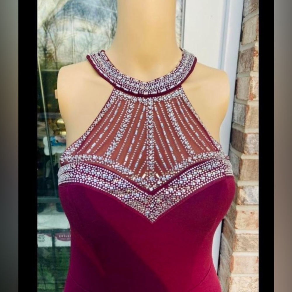 Wine Diamond Glam Formal Halter Prom Dress View 3